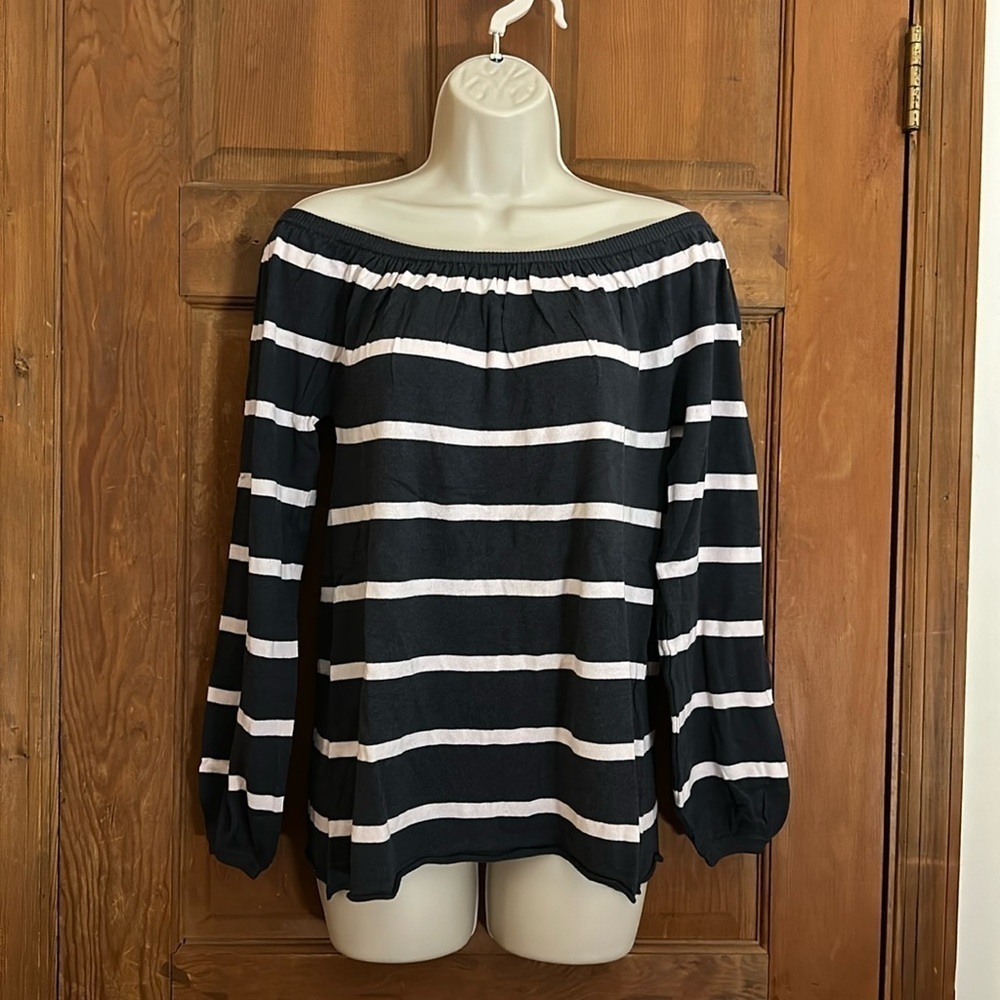 Chaser Navy Blue and White Striped Long Sleeve On/Off Shoulder Size Medium